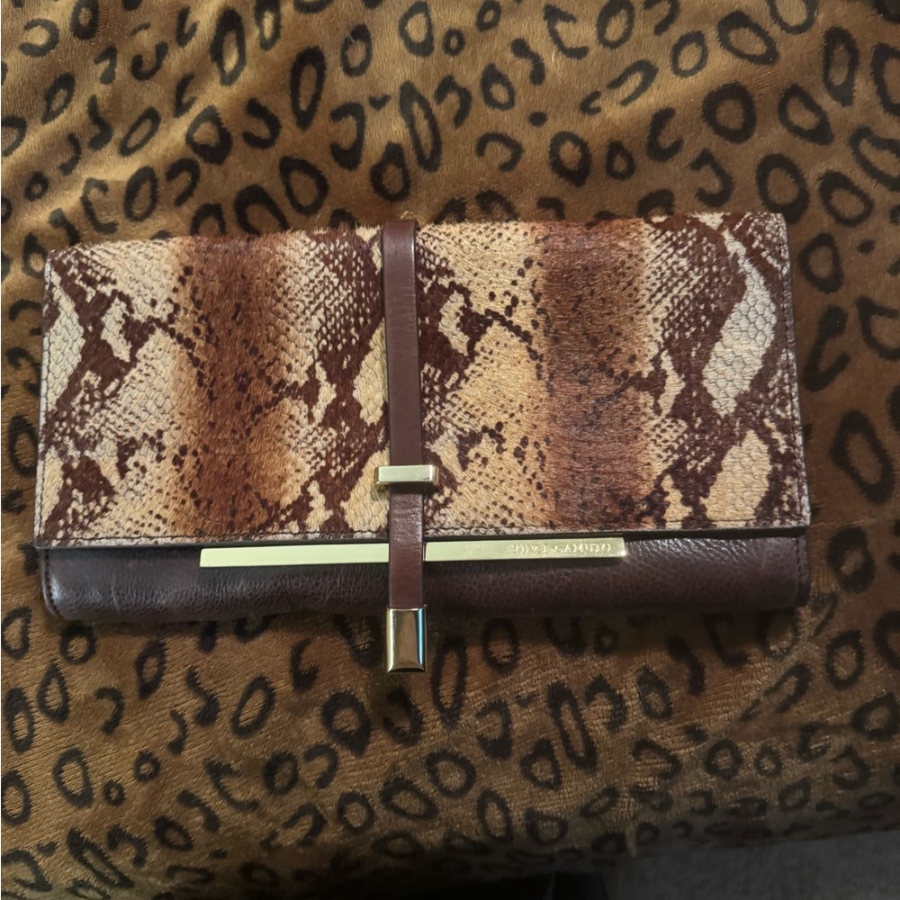 Vince Camuto Brown Faux Snakeskin Fold-Over Clutch with Gold Accents